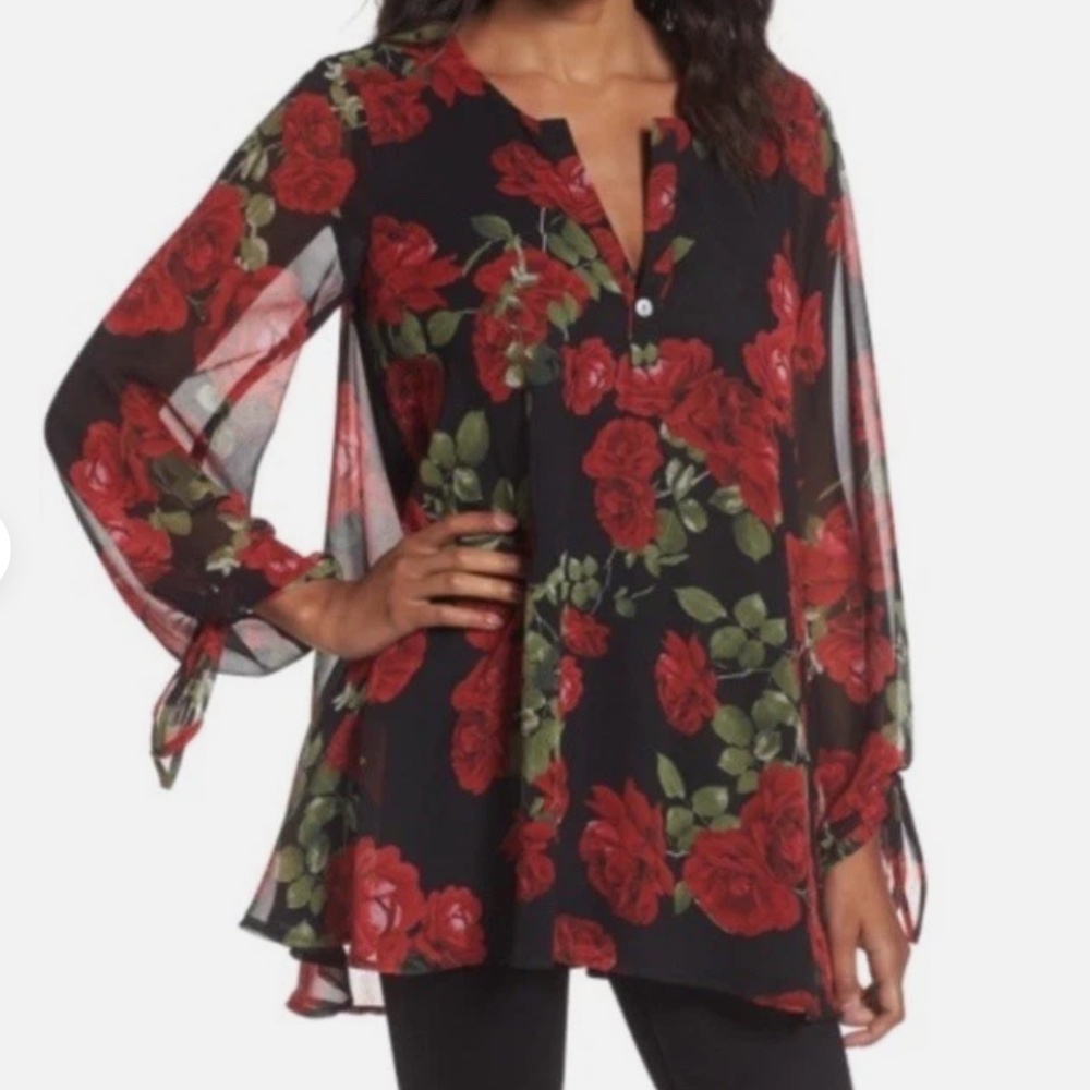 Show Me Your MuMu Johanna Rose Print Black Balloon Sleeve Tunic Sheer